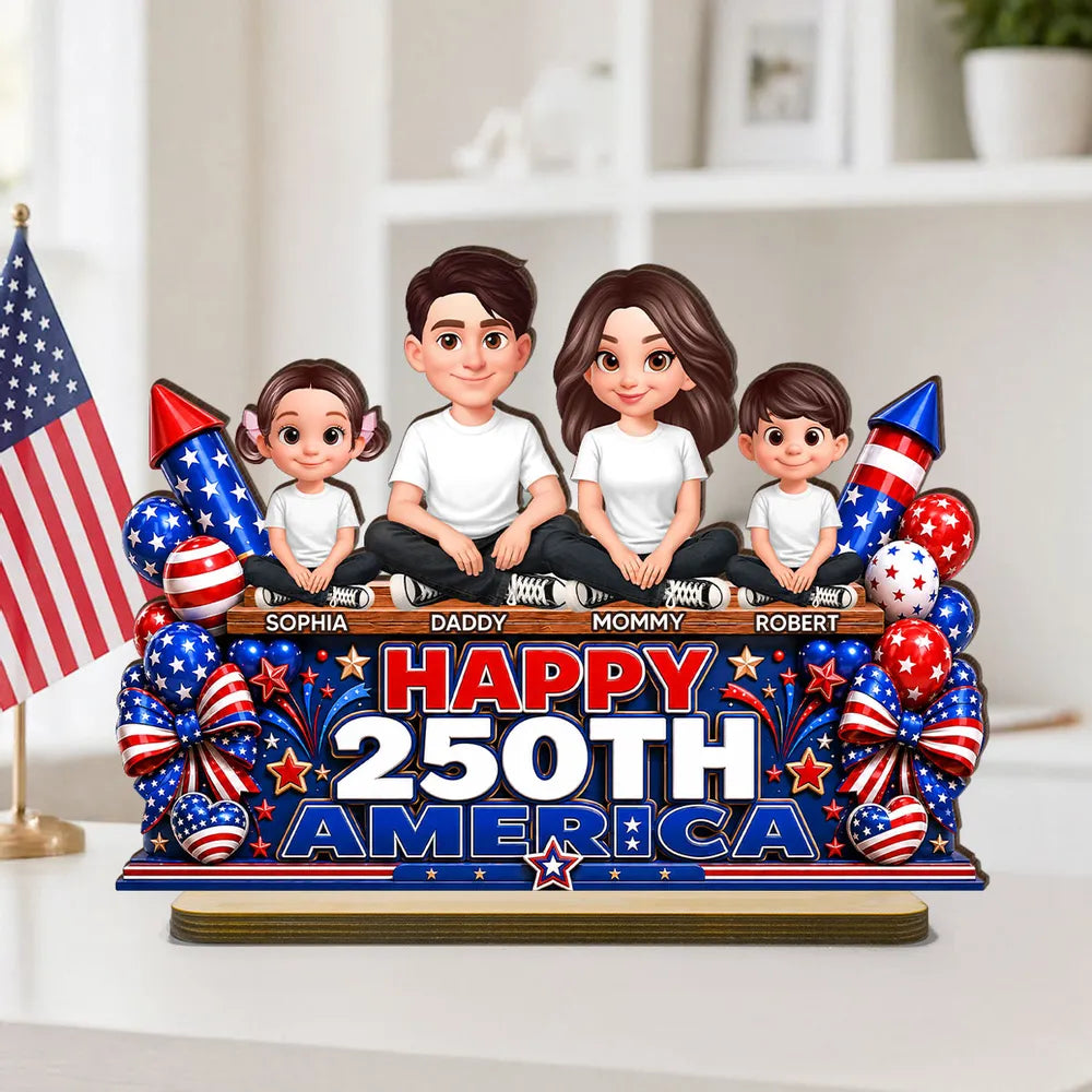 Custom 2-Layer Wooden Plaque, Sitting Family Patriotic Keepsake, Creative Gift for Family