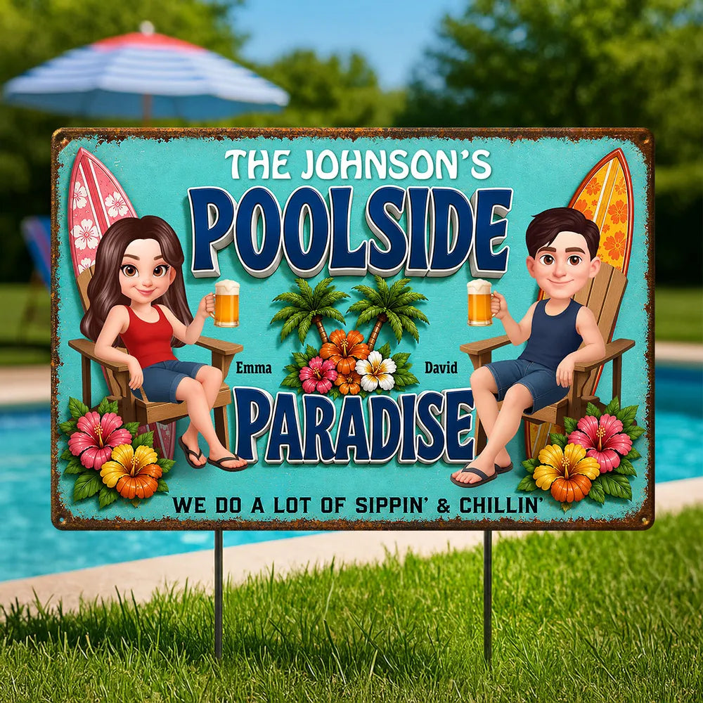 Rectangular Iron Sign, Custom Poolside Paradise With Lounging Couple, Unique Gift For Pool Lovers