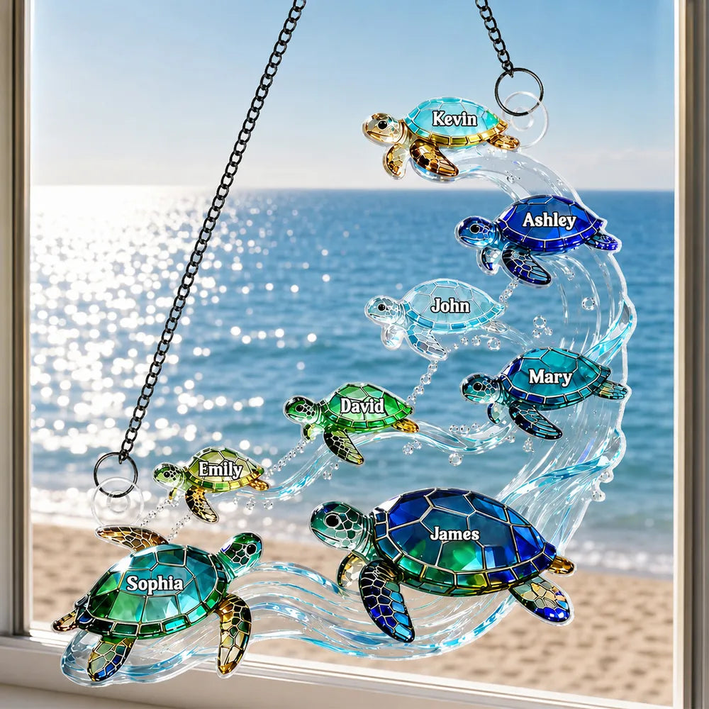 Swimming Sea Turtle Family Acrylic Suncatcher Ornament, Personalized Unique Creative Gift for Family Window Decor