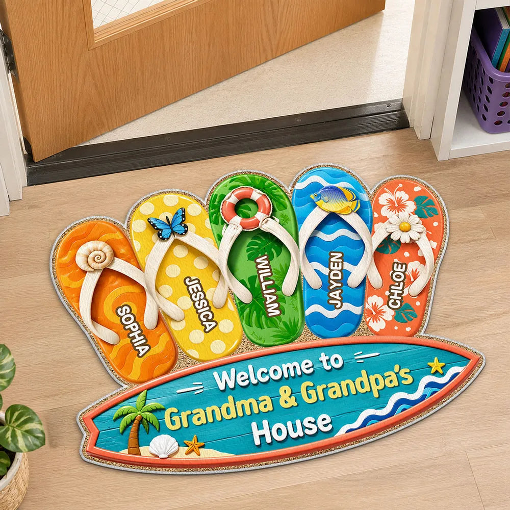 Personalized Shaped Doormat, Summer Flip Flop Welcome Unique Gift for Grandma & Grandpa's House