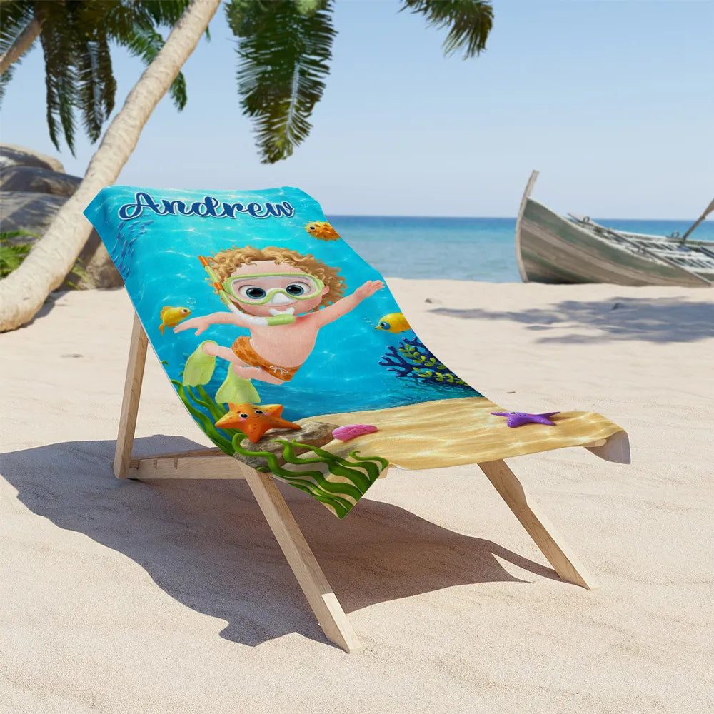Personalized Beach Towel, Playful Ocean Snorkeling Adventure, Creative Gift for Kids and Grandkids