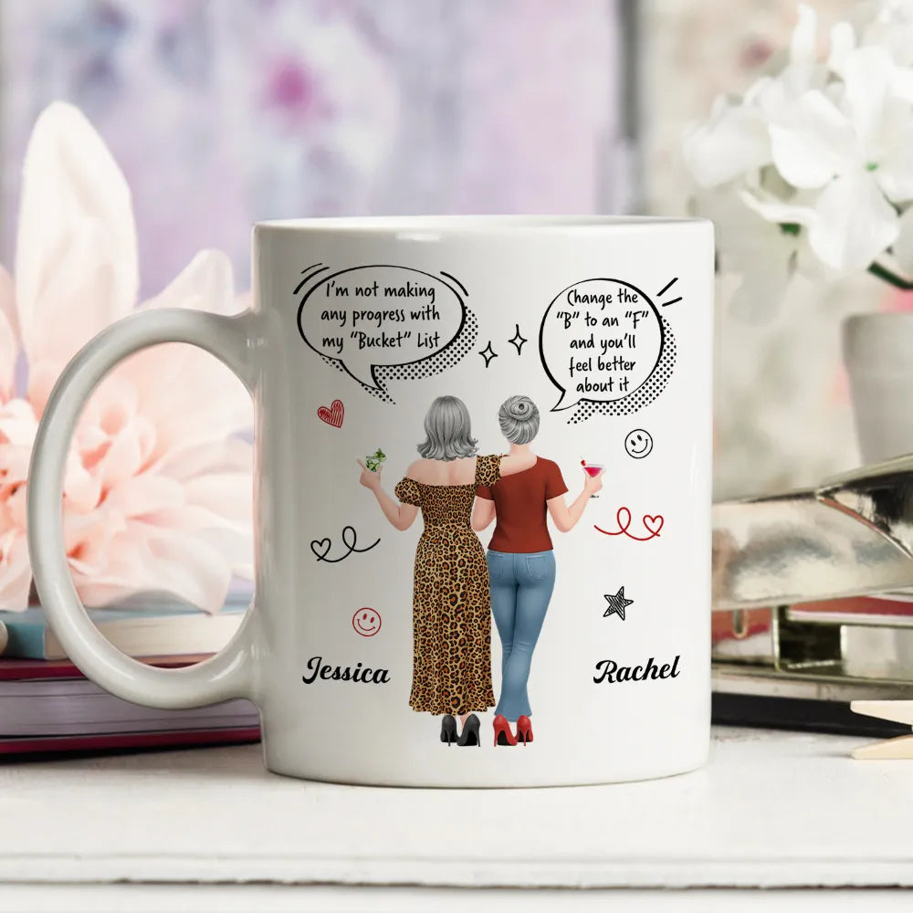 Personalized Ceramic Mug, Funny Bucket List Wordplay, Arm In Arm Friends, Unique Gift For Best Friend