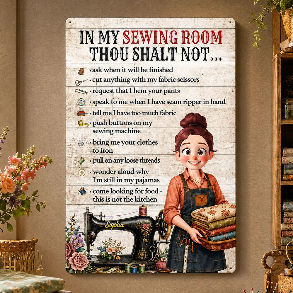 Personalized Rectangular Iron Sign, Sewing Room Rules, Smiling Sewing Girl Holding Fabric, Unique Gift for Crafters