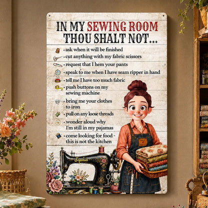 Personalized Rectangular Iron Sign, Sewing Room Rules, Smiling Sewing Girl Holding Fabric, Unique Gift for Crafters