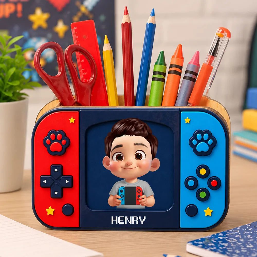 Personalized Wooden Pen Holder, Cute Gamer Boy Holding Controller, Unique Back To School Gift For Kids