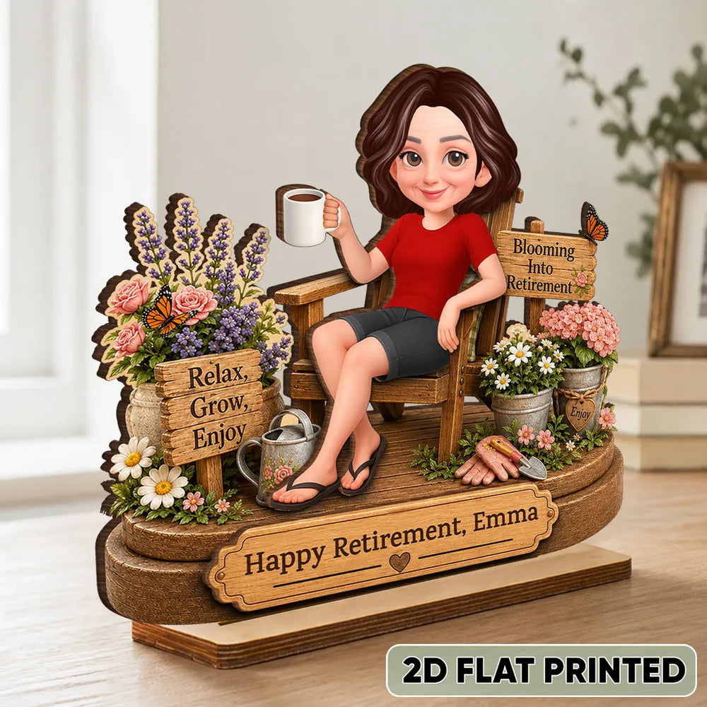 Personalized 2-Layer Wooden Plaque, Woman Relaxing in Garden Chair, Unique Retirement Gift for Mom or Grandma