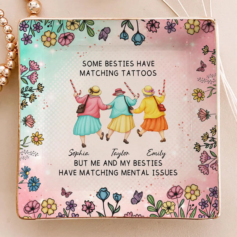 Personalized Jewelry Dish with Walking Friends Illustration, Funny Floral Decor, Creative Gift for Friend