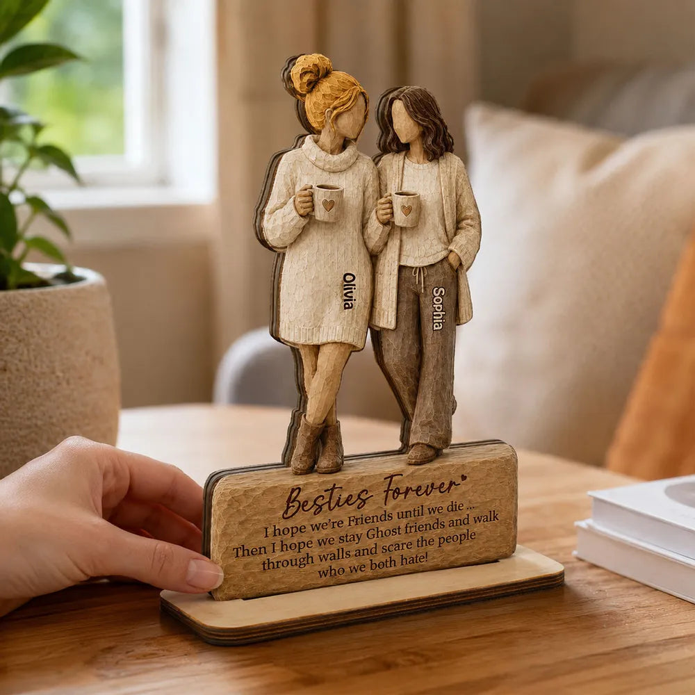 Personalized Wooden Plaque With Two Friends Holding Mugs, Unique Creative Gift For Friend