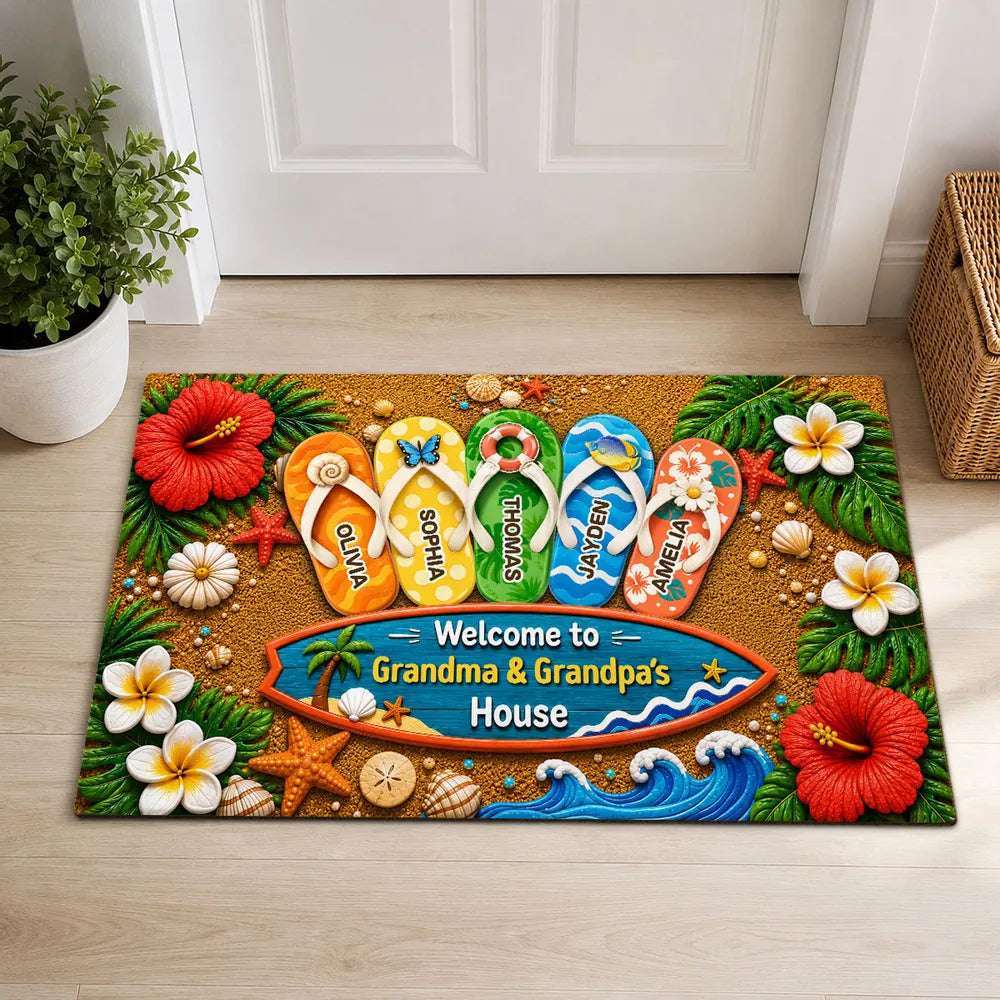 Personalized Standard Doormat, Hello Summer Flip-Flop Design for Grandma & Grandpa, Unique Gift