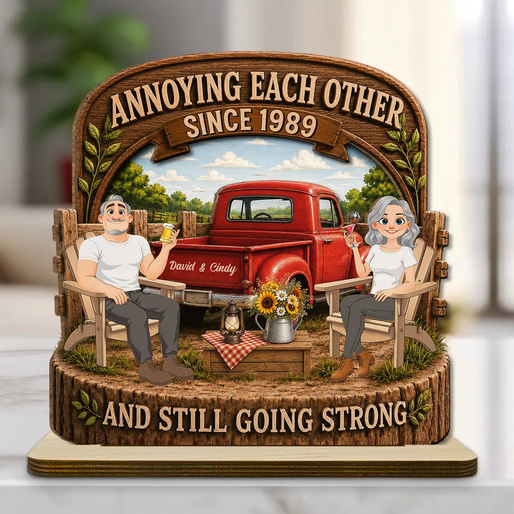 Personalized 2-Layer Wooden Plaque With Rustic Couple & Red Truck, Unique Gift For Couple
