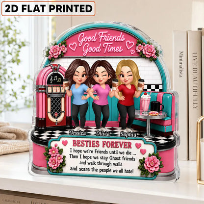 Personalized Shaped Acrylic Block Plaque, Winking Friends in Retro Diner, Unique Gift for Close Friend