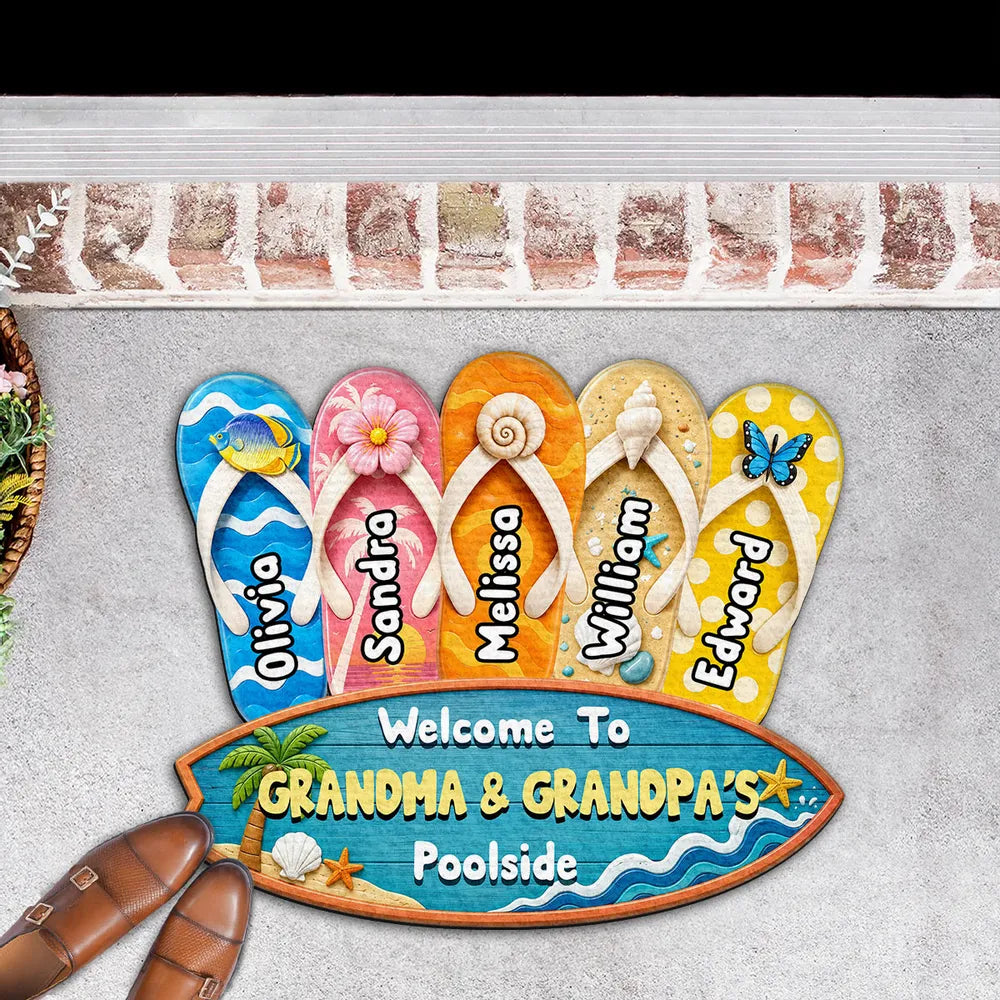 Shaped Doormat, Personalized Flip Flop Family Poolside Welcome, Unique Gift for Grandma & Grandpa