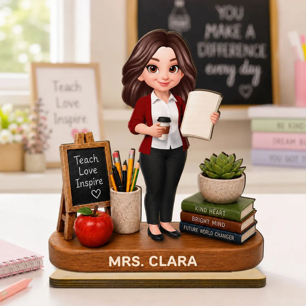 Personalized 2-Layer Wooden Plaque, Standing Teacher with Coffee & Book, Unique Creative Gift