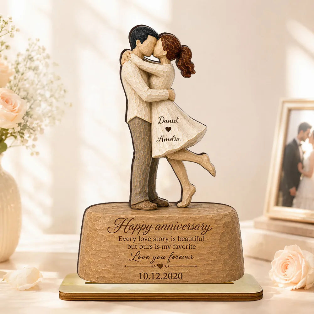 Personalized Wooden Plaque, Kissing Couple Anniversary Keepsake, Unique Gift for Her & Him