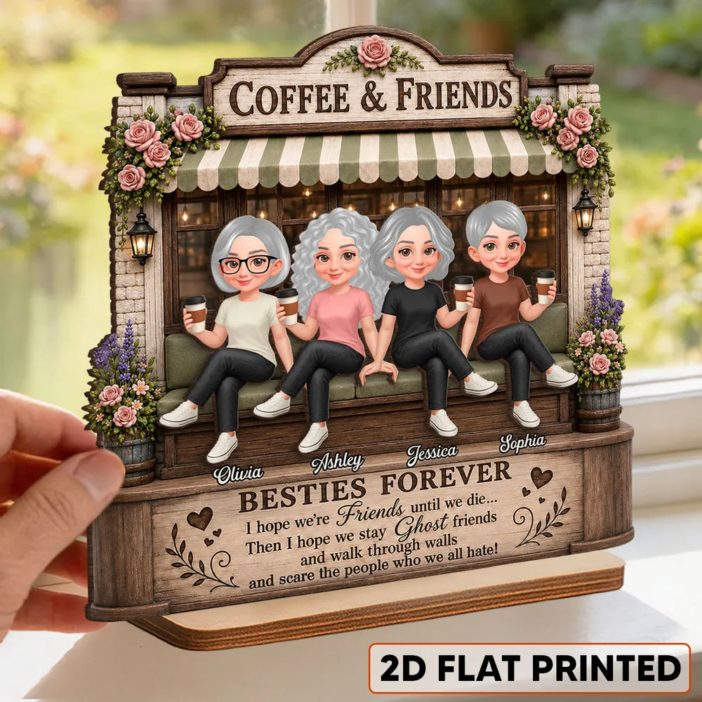 Personalized 2-Layer Wooden Plaque, Seated Friends with Coffee, Unique Gift for Besties