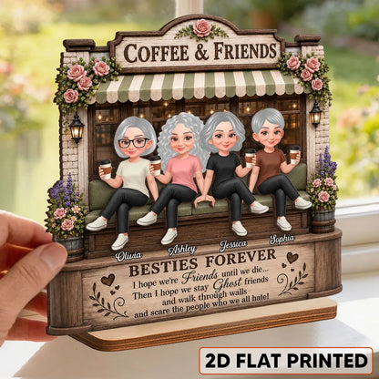 Personalized 2-Layer Wooden Plaque, Seated Friends with Coffee, Unique Gift for Besties