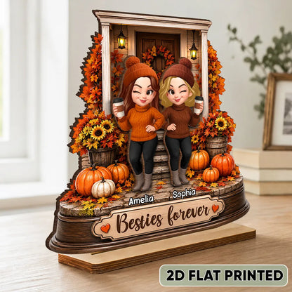 Personalized 2-Layer Wooden Plaque, Besties Forever Autumn Porch Scene, Unique Gift For Close Friend