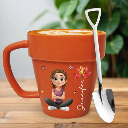 Personalized Plant Pot Mug, Sitting Plant Girl Artwork, Creative Gift for Nature Lover