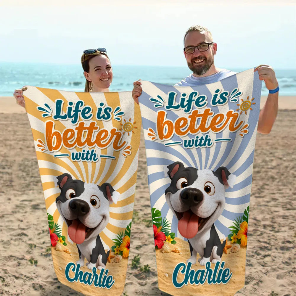 Personalized Beach Towel With Smiling Cartoon Dog, Sunny Beach Style Unique Gift for Dog Lover