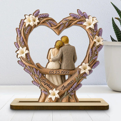 Personalized 2-Layer Wooden Plaque, Floral Heart Sitting Couple, Unique Creative Gift for Couples