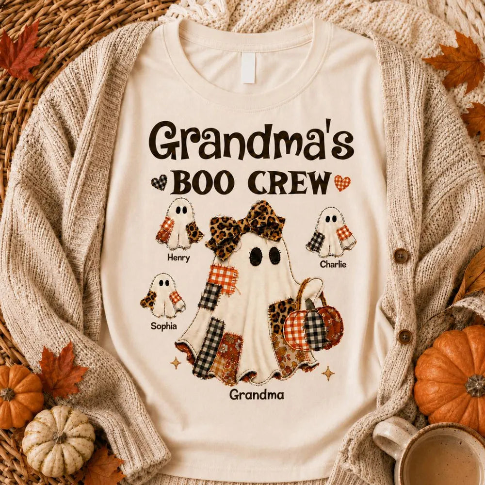 Personalized Classic Tee for Grandma, Boo Crew Ghost Design, Unique Halloween Gift