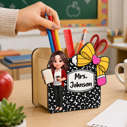 Personalized Wooden Pen Holder, Cute Cartoon Teacher Desk Organizer, Unique Creative Gift for Teacher