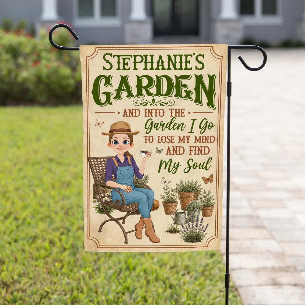 Personalized Garden Flag With Sitting Gardener, Plants & Butterflies, Unique Gift For Plant Lovers