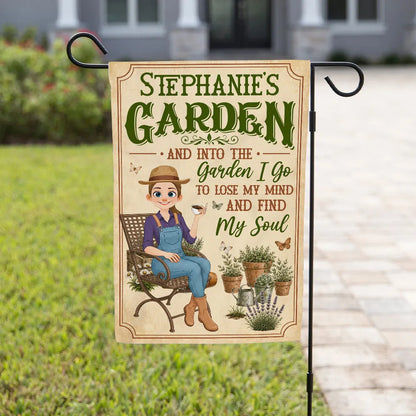 Personalized Garden Flag With Sitting Gardener, Plants & Butterflies, Unique Gift For Plant Lovers