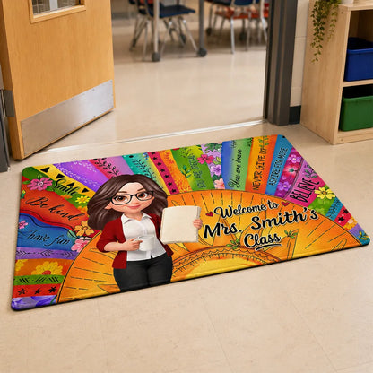 Personalized Teacher Classroom Doormat, Boho Sun Cartoon Teacher Holding Notebook, Unique Gift for Entryway