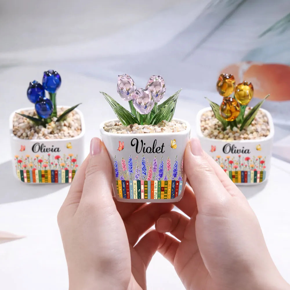 Personalized Square Glass Planter with Purple Tulips & Book Garden, Unique Creative Gift for Book Lover