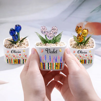 Personalized Square Glass Planter with Purple Tulips & Book Garden, Unique Creative Gift for Book Lover