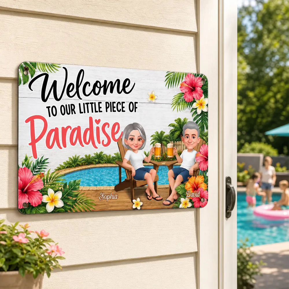 Personalized Rectangular Iron Sign with Sitting Couple, Tropical Pool Welcome Decor, Unique Gift for Couples
