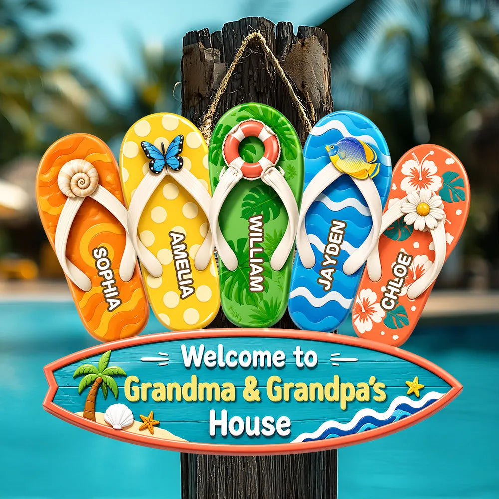 Wooden Sign with Sunny Flip Flops, Welcome to Grandma & Grandpa's House, Unique Creative Family Gift