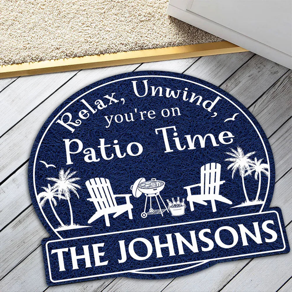 Personalized Shaped Doormat, Patio Time Design With Chairs & Palms, Unique Gift for Family