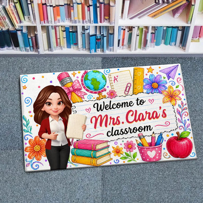 Personalized Standard Doormat for Teacher's Classroom, Watercolor Floral Welcome, Creative Gift for Teachers