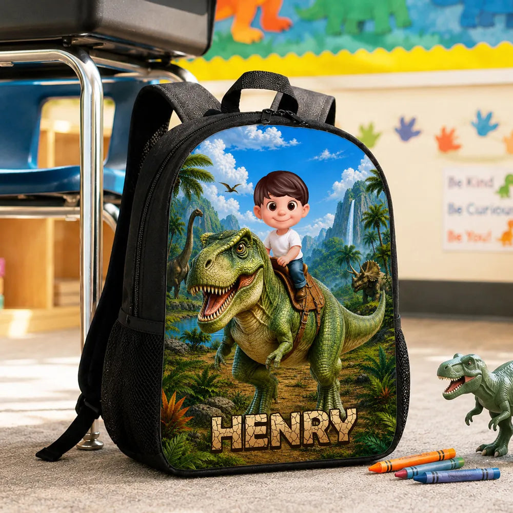 Personalized Kids School Backpack, Child Riding T-Rex Jungle Art, Unique Gift for Boys & Girls
