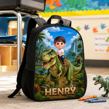 Personalized Kids School Backpack, Child Riding T-Rex Jungle Art, Unique Gift for Boys & Girls
