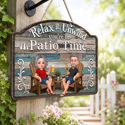 Personalized Wooden Sign, Relax & Unwind Patio Time Couple Cartoon, Unique Gift for Patio Lovers