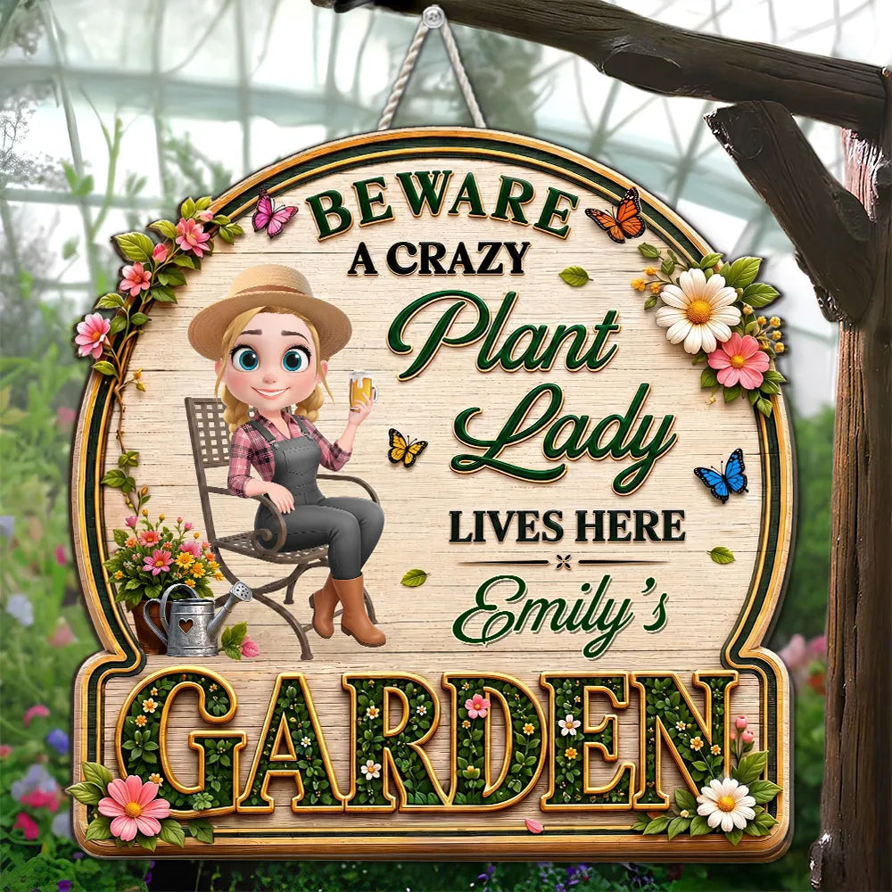 Personalized Wooden Sign, Sitting Crazy Plant Lady Garden Decor, Unique Creative Gift for Plant Lovers