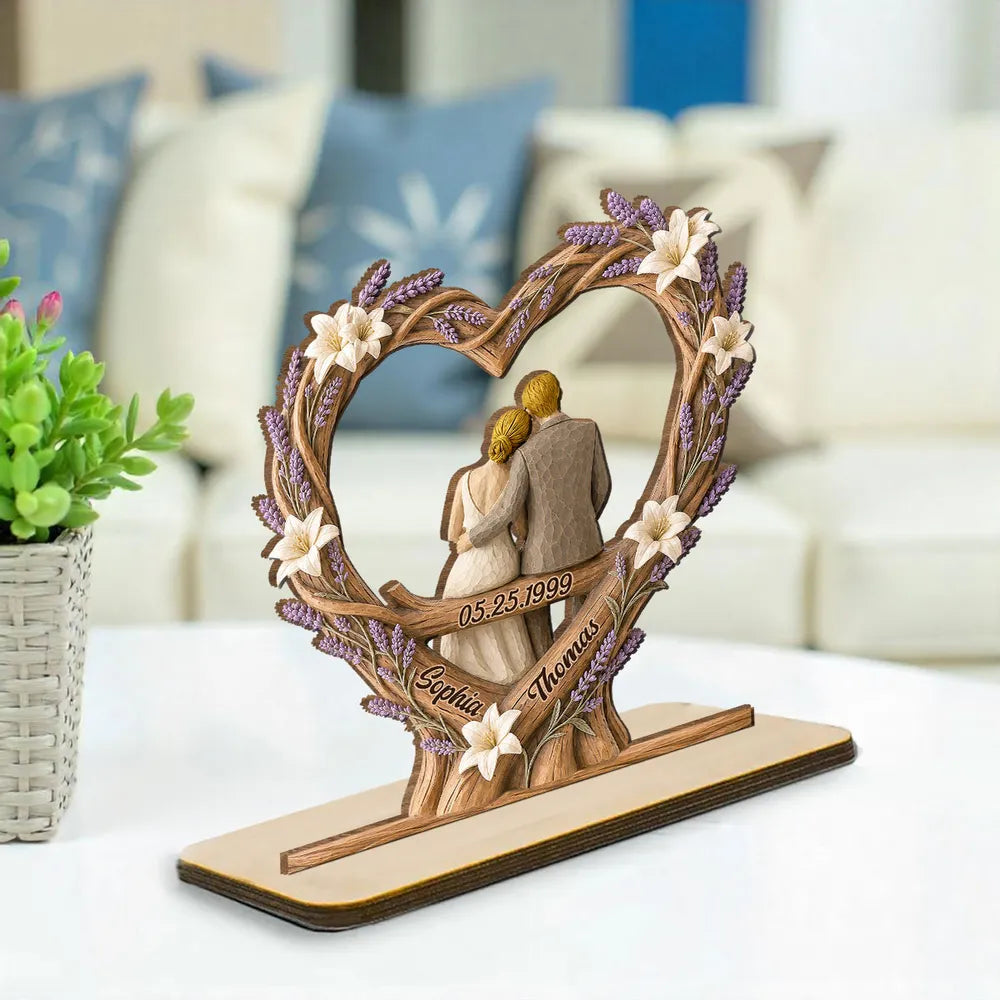 Personalized 2-Layer Wooden Plaque, Floral Heart Sitting Couple, Unique Creative Gift for Couples