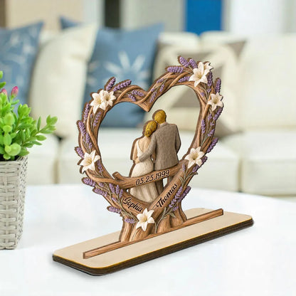 Personalized 2-Layer Wooden Plaque, Floral Heart Sitting Couple, Unique Creative Gift for Couples