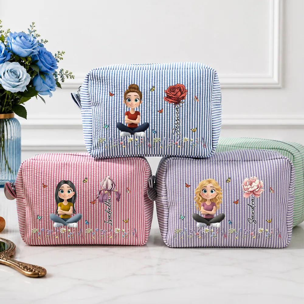 Personalized Stripes Makeup Bag, Sitting Cartoon Girl & Floral Rose Design, Unique Gift for Her