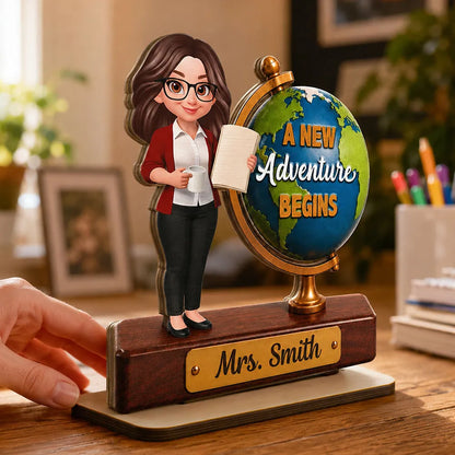Personalized 2-Layer Wooden Plaque for Teacher, Globe New Adventure Begins Unique Back to School Gift