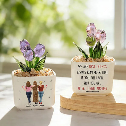 Square Glass Planter, Personalized Pink and Purple Tulips with Arm in Arm Friends, Unique Gift for Best Friend