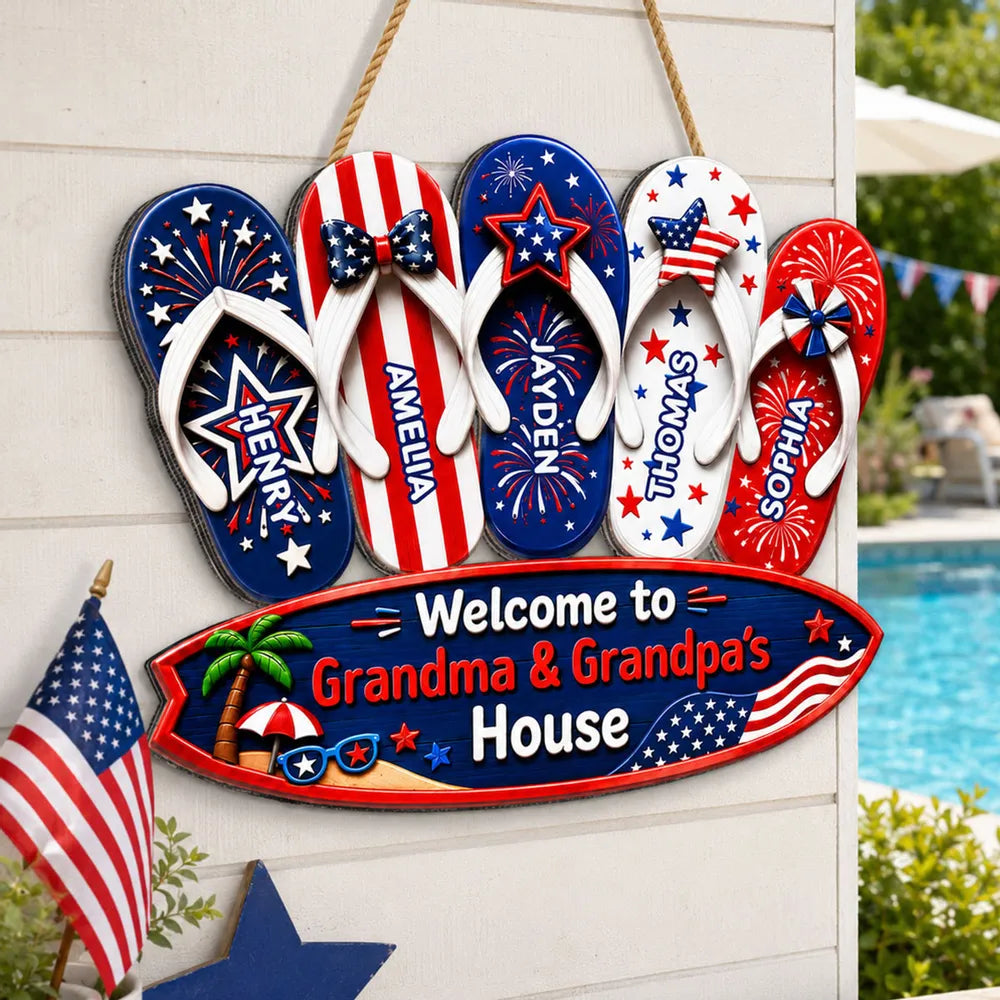 Personalized Wooden Sign With Patriotic Flip Flops, Unique Gift for Grandma & Grandpa