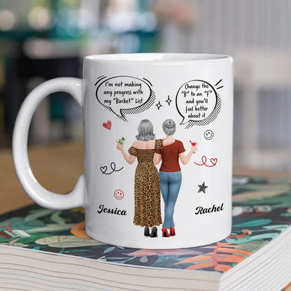 Personalized Ceramic Mug, Funny Bucket List Wordplay, Arm In Arm Friends, Unique Gift For Best Friend