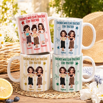 Personalized White Ceramic Mug, Pastel Cartoon Best Friends Holding Drinks, Unique Creative Gift