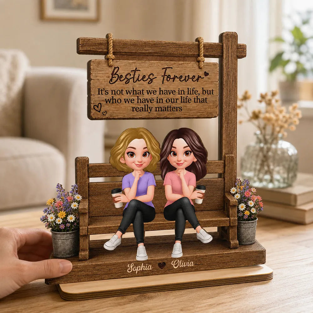 Personalized Besties Forever 2-Layer Wooden Plaque, Seated Friends With Coffee, Unique Gift for Best Friend