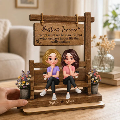 Personalized Besties Forever 2-Layer Wooden Plaque, Seated Friends With Coffee, Unique Gift for Best Friend