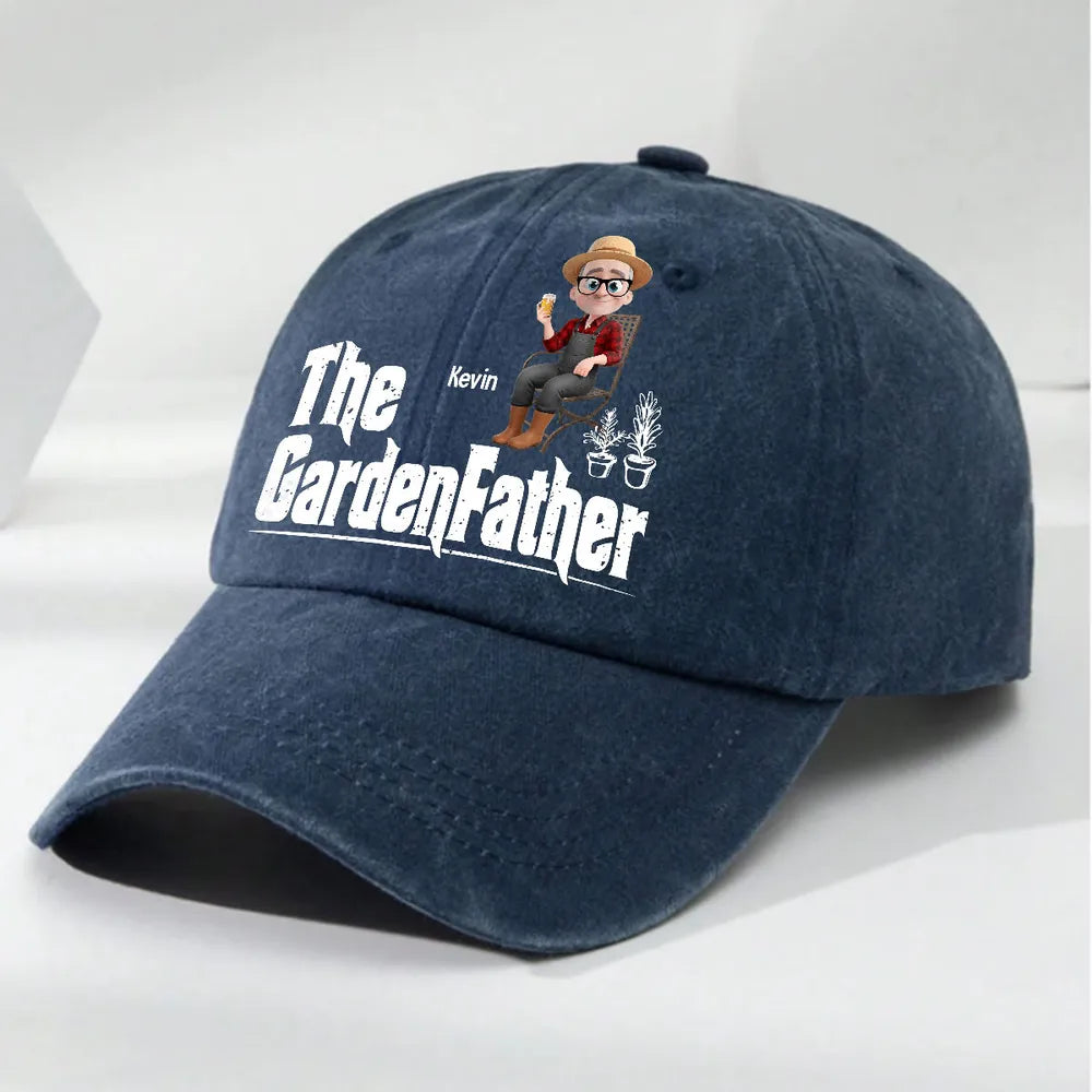 Personalized Washed Denim Baseball Cap, The GardenFather Cartoon, Unique Gift for Gardener Dad